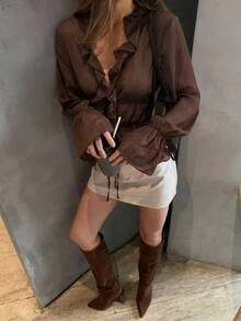 Aloruh Women's Solid Color Deep V-Neck Ruffle Trim Casual Versatile Daily Wear Blouse - Brown - View 3