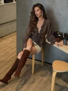 Aloruh Women's Solid Color Deep V-Neck Ruffle Trim Casual Versatile Daily Wear Blouse - Brown - View 4