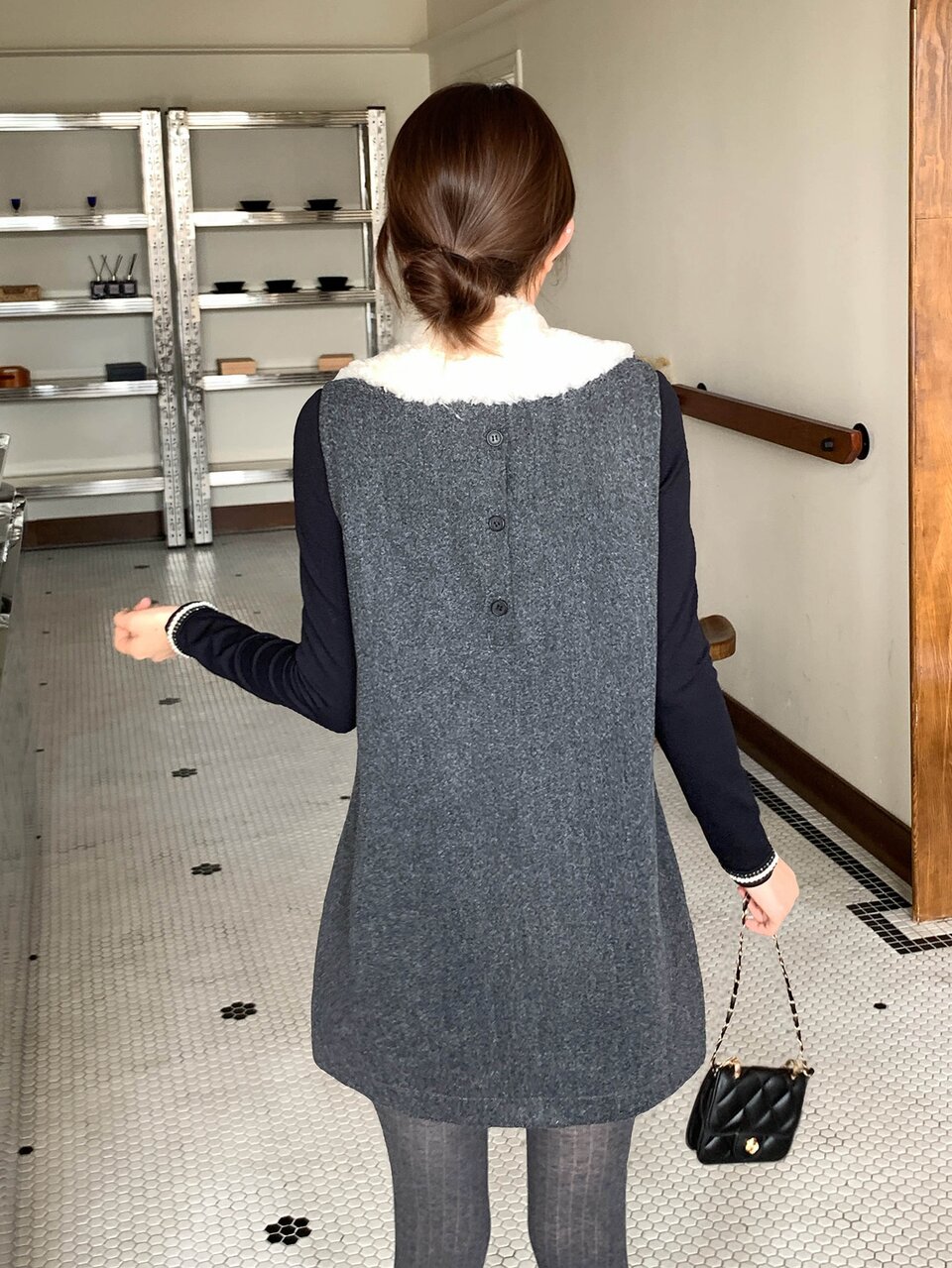 Women's Detachable Fur Collar Korean Style Bow Tie Tie-Up Sleeveless Versatile Layering Mid-Length Dress