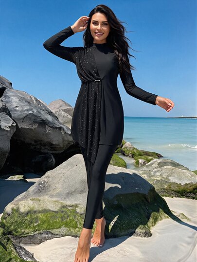 SHEIN Swim Women's Modest Black Burkini Set,Summer Beach Holiday Mesh Patchwork Long Sleeve Top & Pants,Elegant Sparkle Sequin Two Piece Swimwear Outfits