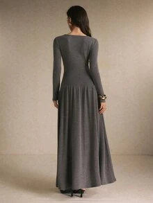 Poéselle 女款炭灰色鈕扣前襟長袖低腰洋裝，外出穿搭、上班穿搭，休閒優雅辦公室早午餐秋季冬季 - 灰色 - 查看 9