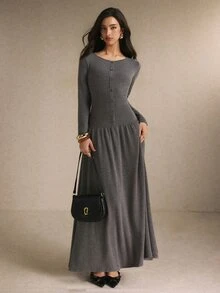 Poéselle 女款炭灰色鈕扣前襟長袖低腰洋裝，外出穿搭、上班穿搭，休閒優雅辦公室早午餐秋季冬季 - 灰色 - 查看 2