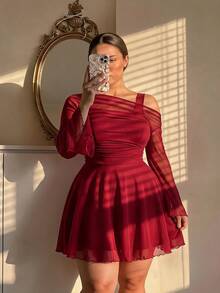SHEIN MOD Plus Size Women's Solid Color Asymmetric Collar Flare Sleeve Mesh Patchwork Mini Dress Fall - Red - View 1