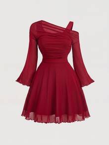 SHEIN MOD Plus Size Women's Solid Color Asymmetric Collar Flare Sleeve Mesh Patchwork Mini Dress Fall - Red - View 2