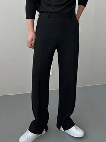 DAZY 春秋男士韓系通勤直筒開衩褲腳長褲 - 黑色 - 查看 4