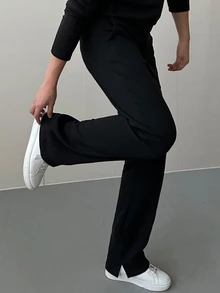 DAZY 春秋男士韓系通勤直筒開衩褲腳長褲 - 黑色 - 查看 3