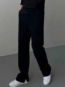 DAZY 春秋男士韓系通勤直筒開衩褲腳長褲 - 黑色 - 查看 5