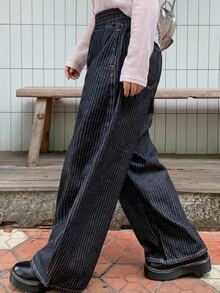 Dazy Plus Elastic Waist Loose Striped Curved Leg Jeans, Casual Retro Versatile Spring/Autumn New Style For Girls - Dark Wash - View 2