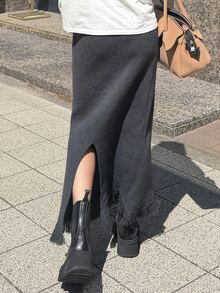 FRIFUL Women's Autumn Solid Color Straight Long Knit Skirt With Patchwork Frayed Hem - Dark Grey - View 2