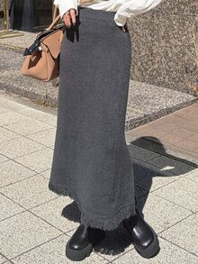 FRIFUL Women's Autumn Solid Color Straight Long Knit Skirt With Patchwork Frayed Hem - Dark Grey - View 6
