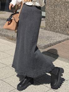 FRIFUL Women's Autumn Solid Color Straight Long Knit Skirt With Patchwork Frayed Hem - Dark Grey - View 3
