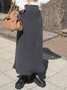 FRIFUL Women's Autumn Solid Color Straight Long Knit Skirt With Patchwork Frayed Hem - Dark Grey - View 7