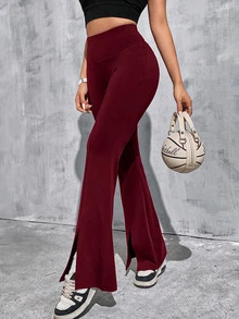 SHEIN EZwear 酒紅色針織修身女款喇叭褲 - 酒紅色 - 查看 5