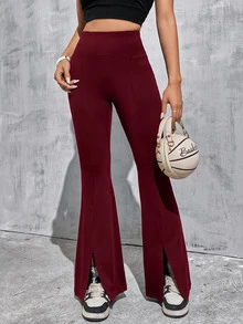 SHEIN EZwear 酒紅色針織修身女款喇叭褲 - 酒紅色 - 查看 4
