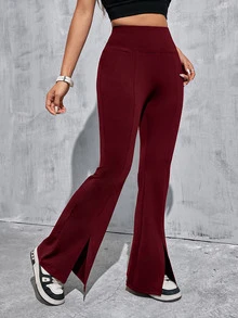 SHEIN EZwear 酒紅色針織修身女款喇叭褲 - 酒紅色 - 查看 3