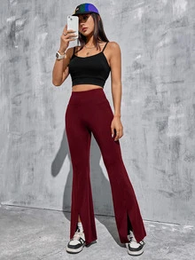 SHEIN EZwear 酒紅色針織修身女款喇叭褲 - 酒紅色 - 查看 6