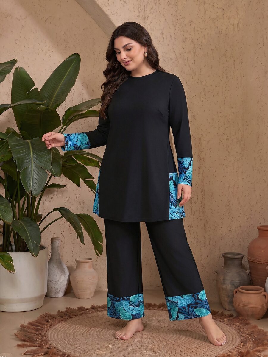 SHEIN Swim Plus Size Women's Color Block Long Sleeve Top And Pants Burkini Two-Piece Swimwear Set Summer Vacation Party Beach Black Tropical Elegant - Black - View 1