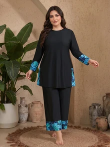 SHEIN Swim Plus Size Women's Color Block Long Sleeve Top And Pants Burkini Two-Piece Swimwear Set Summer Vacation Party Beach Black Tropical Elegant - Black - View 2