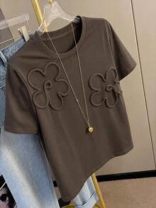 Resyla 女款夏季休閒 3D 花卉裝飾 T-shirt 早午餐深棕色 - 摩卡棕 - 查看 3