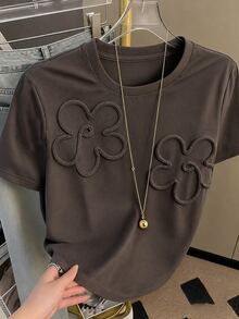 Resyla 女款夏季休閒 3D 花卉裝飾 T-shirt 早午餐深棕色 - 摩卡棕 - 查看 1