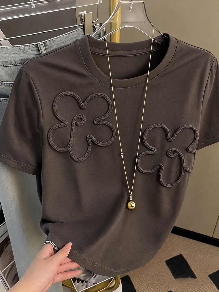 Resyla 女款夏季休閒 3D 花卉裝飾 T-shirt 早午餐深棕色 - 摩卡棕 - 查看 1