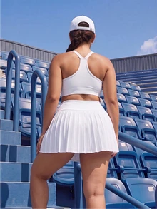 SHEIN Unity 2PCS Women's Sports Set White Tight Bra Wide Adjustable Straps Cross Back Removable Pads High Waist Pleated Skirt Lining Gym Tennis Summer - White - View 7