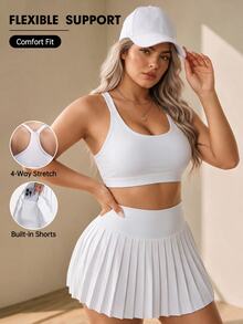SHEIN Unity 2PCS Women's Sports Set White Tight Bra Wide Adjustable Straps Cross Back Removable Pads High Waist Pleated Skirt Lining Gym Tennis Summer - White - View 1