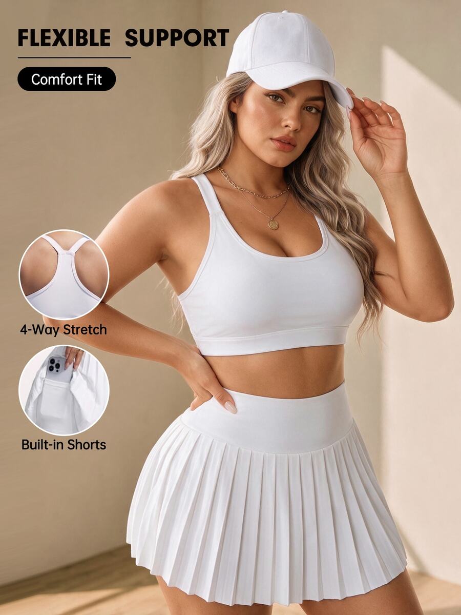 SHEIN Unity 2PCS Women's Sports Set White Tight Bra Wide Adjustable Straps Cross Back Removable Pads High Waist Pleated Skirt Lining Gym Tennis Summer - White - View 1