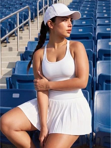 SHEIN Unity 2PCS Women's Sports Set White Tight Bra Wide Adjustable Straps Cross Back Removable Pads High Waist Pleated Skirt Lining Gym Tennis Summer - White - View 5