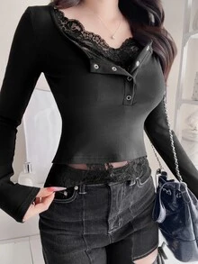 FRIFUL Kaos Wanita Slim Fit dengan Hiasan Renda Kontras untuk Musim Gugur - Hitam - View 7