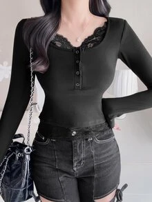 FRIFUL Kaos Wanita Slim Fit dengan Hiasan Renda Kontras untuk Musim Gugur - Hitam - View 6
