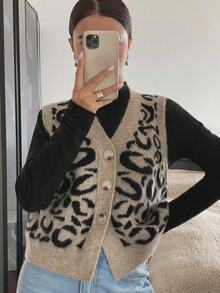 Serisse 女式单排扣 V 领豹纹针织背心，秋冬款 - 彩色 - 查看 5