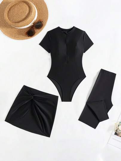 SHEIN Swim 3pcs/Set Women Solid Color Crew Neck Short Sleeve Zipper Burkini Top, Swim Shorts And Mini Skirt Swimsuit, Sports Surfwear SummerArabic Clothing