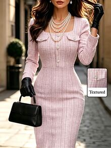 Elenzga Women's Sweet Fashion Square Neck Button Long Sleeve Dress Elegant - Pink - View 1