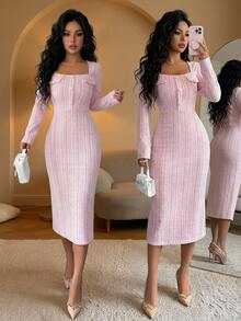 Elenzga Women's Sweet Fashion Square Neck Button Long Sleeve Dress Elegant - Pink - View 3