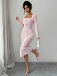 Elenzga Women's Sweet Fashion Square Neck Button Long Sleeve Dress Elegant - Pink - View 6