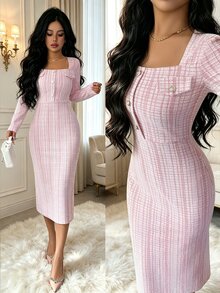 Elenzga Women's Sweet Fashion Square Neck Button Long Sleeve Dress Elegant - Pink - View 4