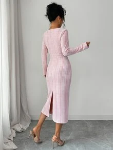 Elenzga Women's Sweet Fashion Square Neck Button Long Sleeve Dress Elegant - Pink - View 2