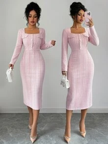 Elenzga Women's Sweet Fashion Square Neck Button Long Sleeve Dress Elegant - Pink - View 8
