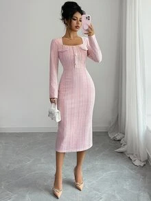 Elenzga Women's Sweet Fashion Square Neck Button Long Sleeve Dress Elegant - Pink - View 7