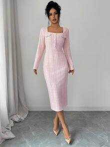 Elenzga Women's Sweet Fashion Square Neck Button Long Sleeve Dress Elegant - Pink - View 5
