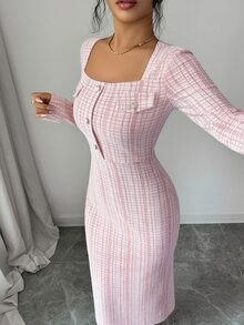 Elenzga Women's Sweet Fashion Square Neck Button Long Sleeve Dress Elegant - Pink - View 9
