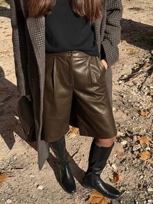 Briarwyn Women's Solid Color Pocket PU Leather Fashion Versatile Shorts - Brown - View 4