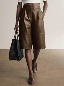 Briarwyn Women's Solid Color Pocket PU Leather Fashion Versatile Shorts - Brown - View 8