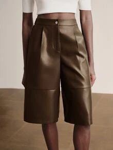 Briarwyn Women's Solid Color Pocket PU Leather Fashion Versatile Shorts - Brown - View 7