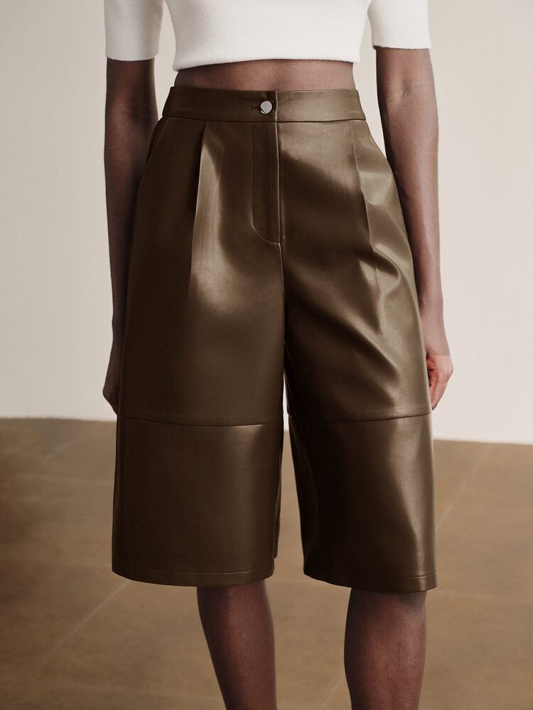 Briarwyn Women's Solid Color Pocket PU Leather Fashion Versatile Shorts - Brown - View 7