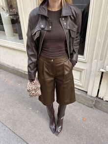 Briarwyn Women's Solid Color Pocket PU Leather Fashion Versatile Shorts - Brown - View 2