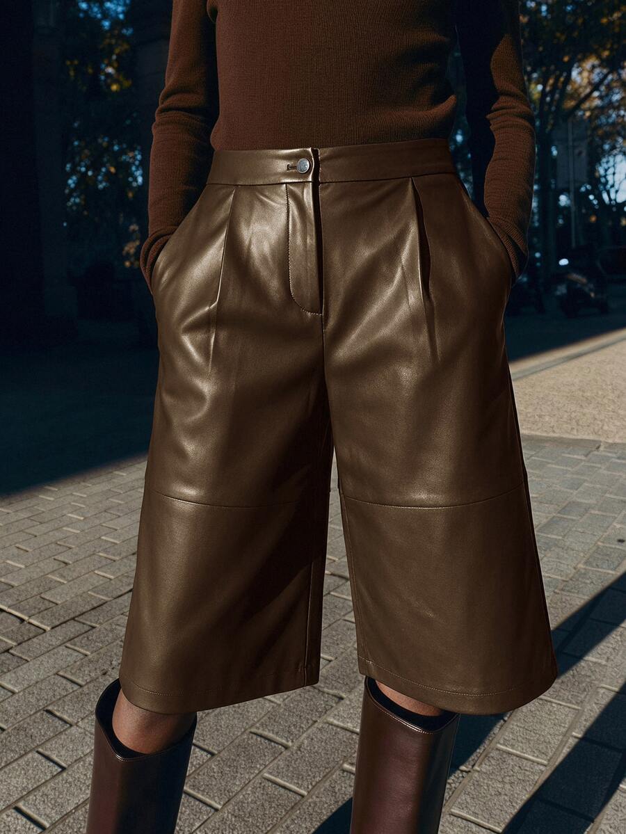 Briarwyn Women's Solid Color Pocket PU Leather Fashion Versatile Shorts - Brown - View 1