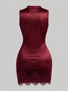 GlowEve 女士新款缎面高领无袖褶裥收腰不对称性感紧身蕾丝装饰连衣裙，女士缎面连衣裙，夏季女士连衣裙，女士优雅派对连衣裙，女士度假装，女士缎面连衣裙，女士棕色连衣裙，女士性感连衣裙，女士无袖连衣裙，女士音乐节连衣裙，毕业季服装，时尚休闲通勤装，商务办公装，多功能时尚休闲装，都市教师工作服 - 酒紅色 - 查看 2