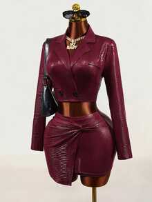 Mistrie Women's Slim Fit Long Sleeve Blazer Suit Set - Burgundy - View 2